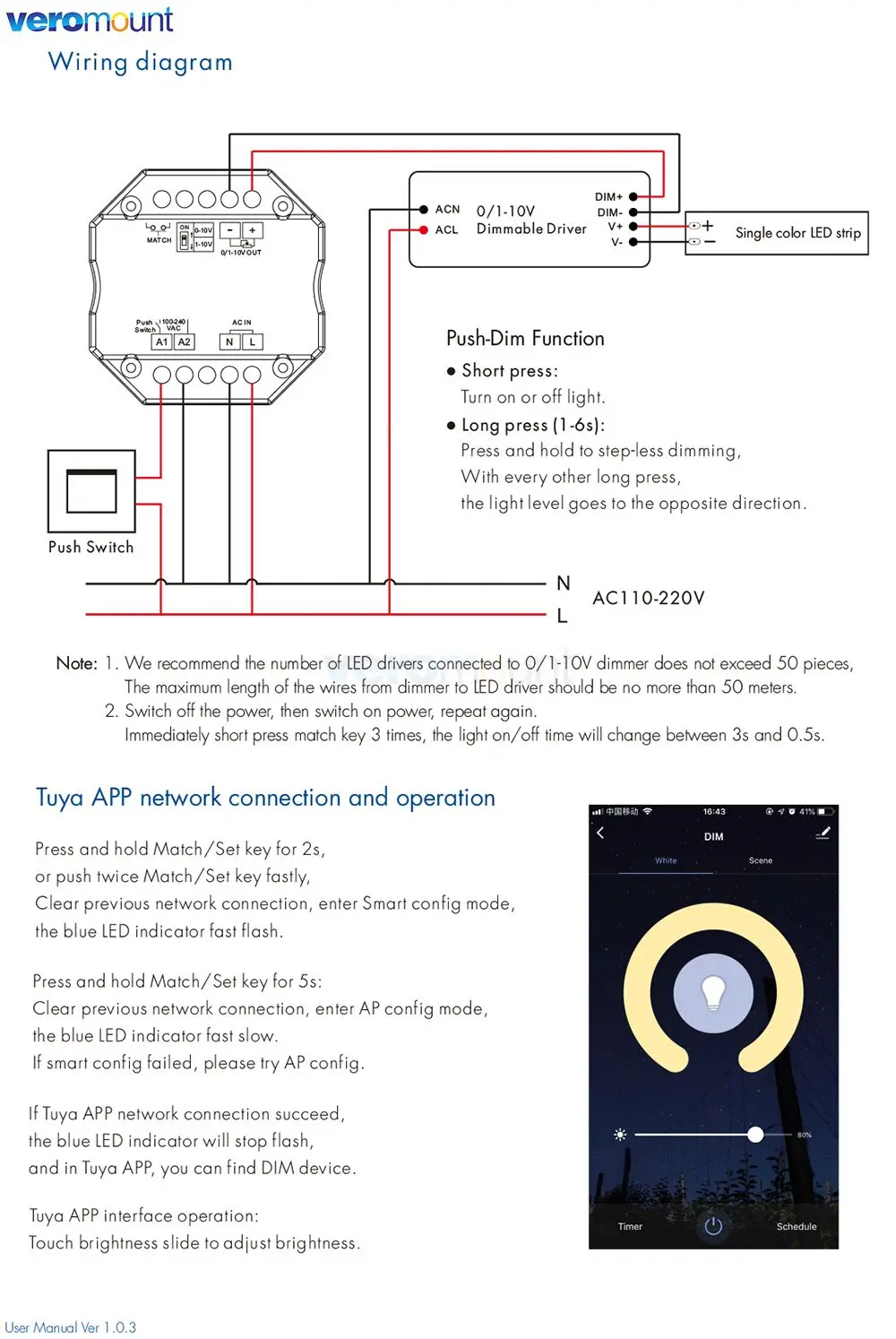 Skydance L1(WT) 0-10V 1-10V WiFi Controller Tuya 0-10V LED Dimmer Push Dimmer 1 Channel RF & WiFi Dimmer Switch for Single Color