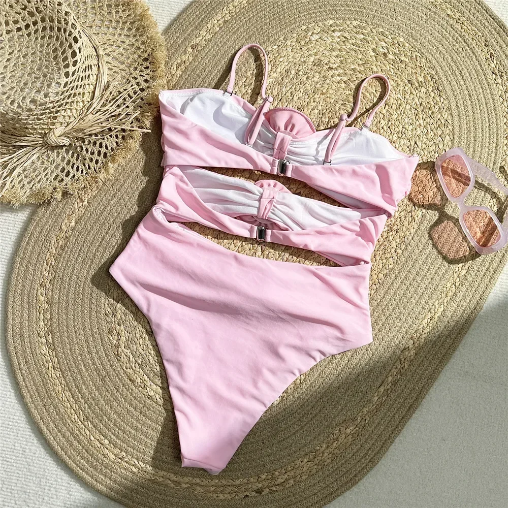 Maillot de bain une pièce rose sexy à fleurs 3D pour femme, monokini découpé, vêtements de plage, baigneuses, 2024