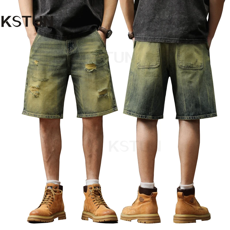 

2024 Summer Denim Shorts Jeans Men Loose Fit Baggy Knee Length Pants Hip Hop Ripped Short Jeans Wide Leg Men's Shorts Vintage