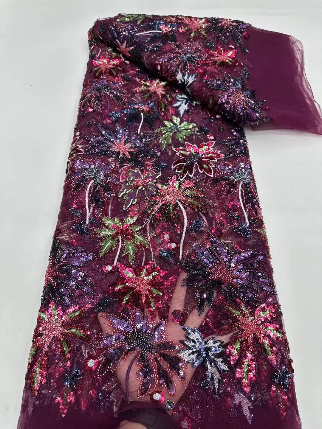 

African Beads Lace Fabric 2025 High Quality Lace 5 Yards French Nigerian Groom Sequins Lace Fabrics For Wedding Party Dress