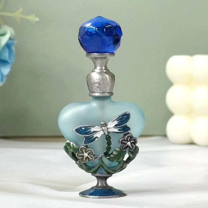 

Vintage Metal Glass Perfume Oil Bottle Heart With Hand Enameled And Jeweled Dragonfly Flowers Decoration And Crystal Bead Lid