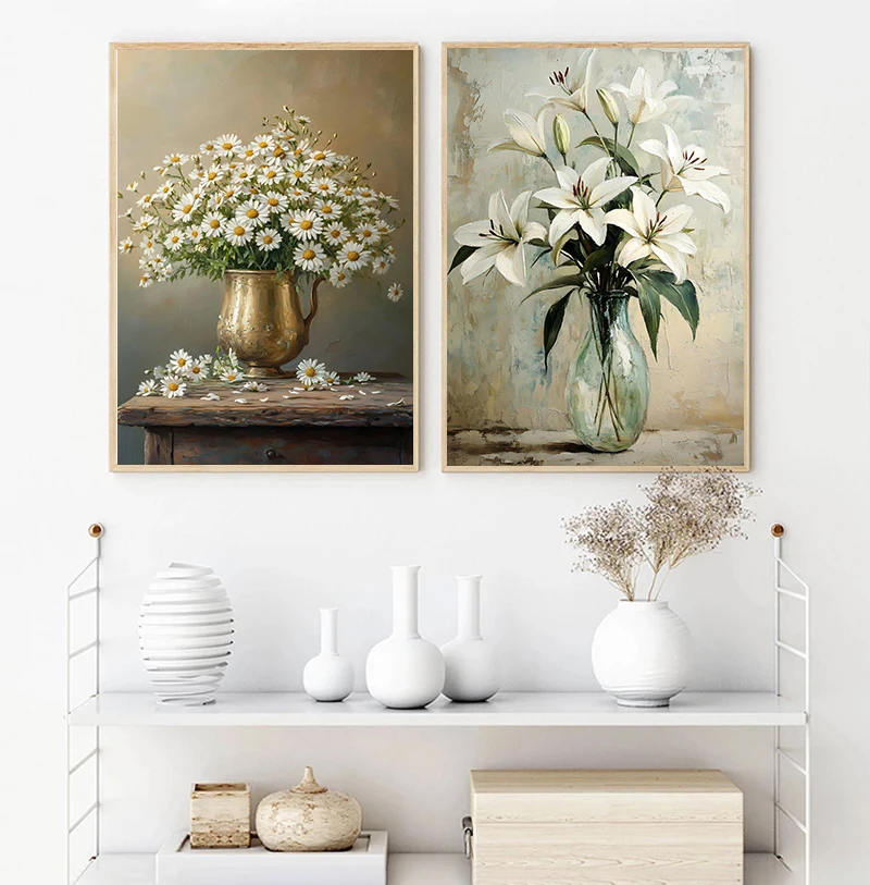 1pc frameless Canvas Painting Daisies in A Golden Vase Tulip Bouquet Lilies Wildflower Poster Canvas Painting Print Retro Wall A
