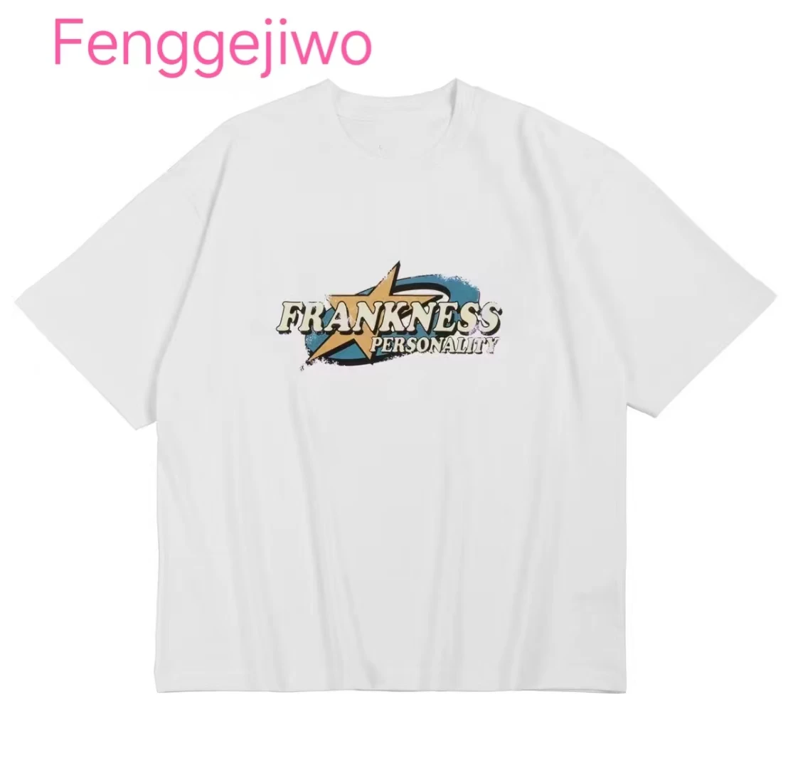 

Fenggejiwo short sleeved T-shirt with personalized letter print, pure cotton round neck, couple style, no touch print