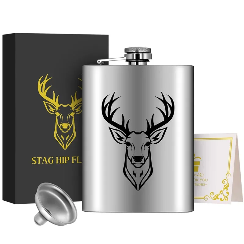 Portable 8Oz Deer Elk Head Prined Flagon Staianless Steel Wine Pot with Funnel for Whiskey Tequila Vodka Liquor Wedding Gift Set