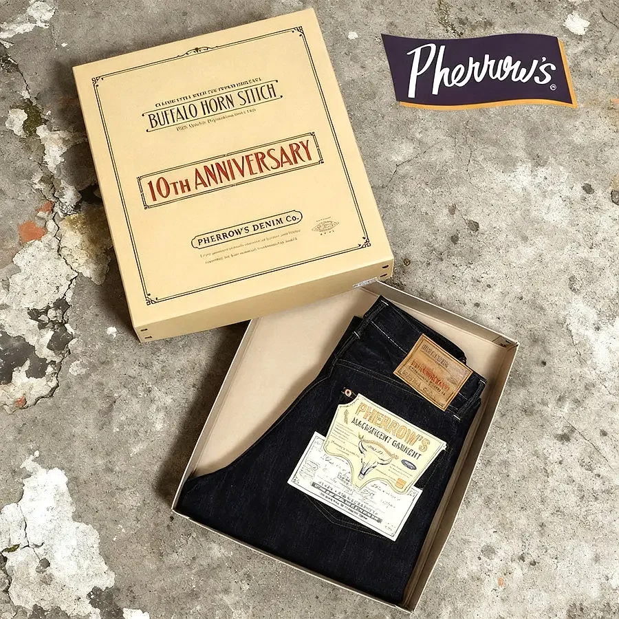 الذكرى السنوية العاشرة لـ Pherrows، جلد غزال نيلي 15.2 أونصة، جينز عتيق باللون الأحمر #5