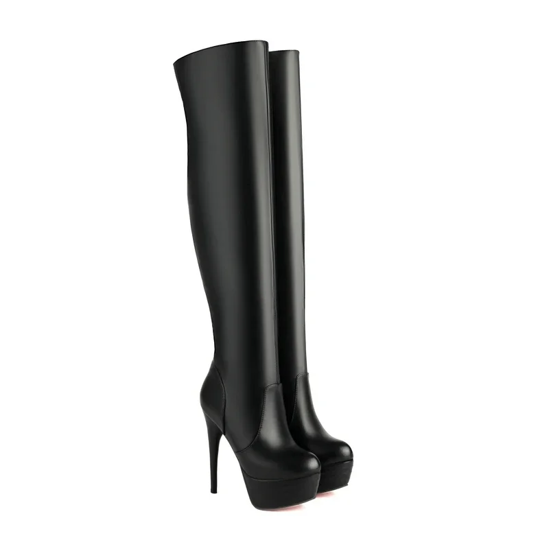 Super Thin High Heels Sexy Women Overknees Round Toe Platform Soft PU Leather Stretch Over-the-knee Long Boots Ladies Shoes