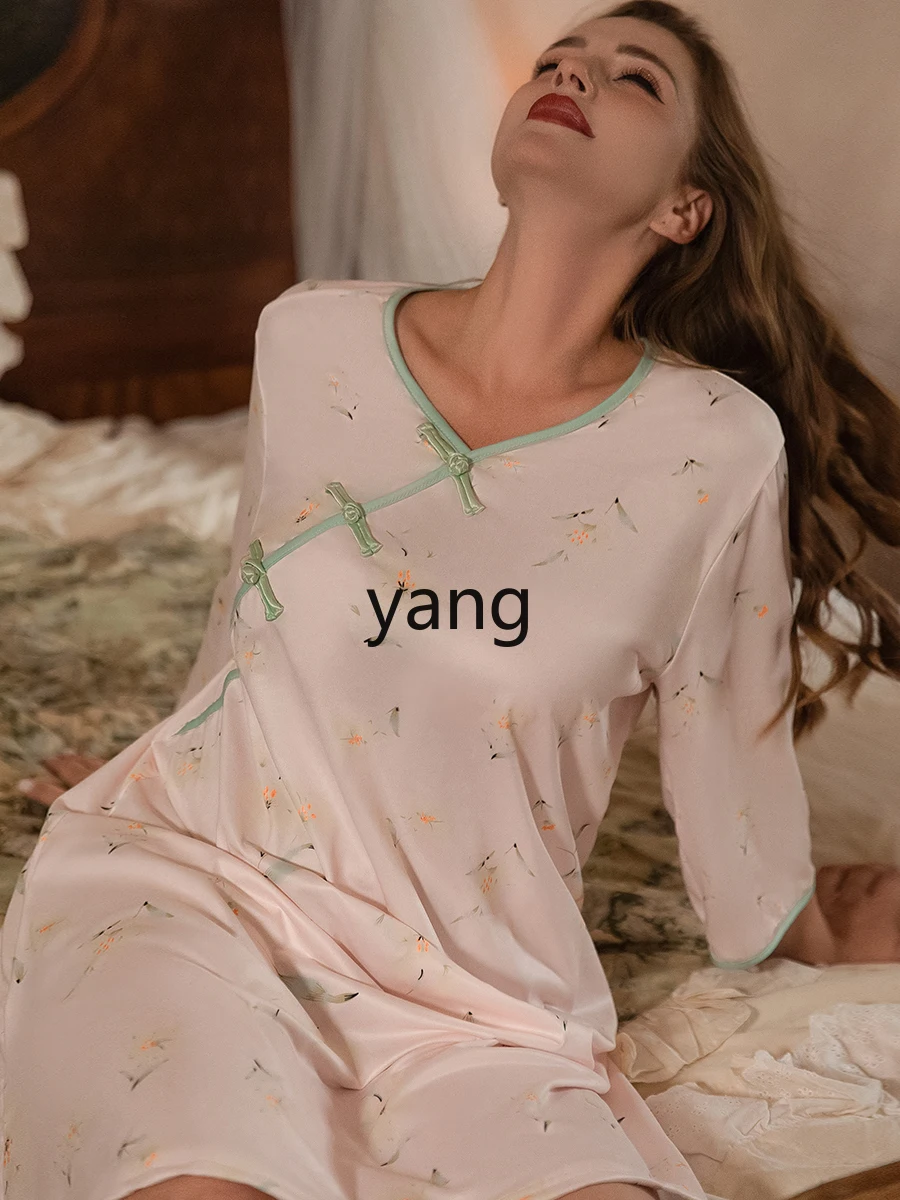 LMM large size pajamas women's spring and summer button-down printed loungewear can be worn outside fat mm loose nightgown