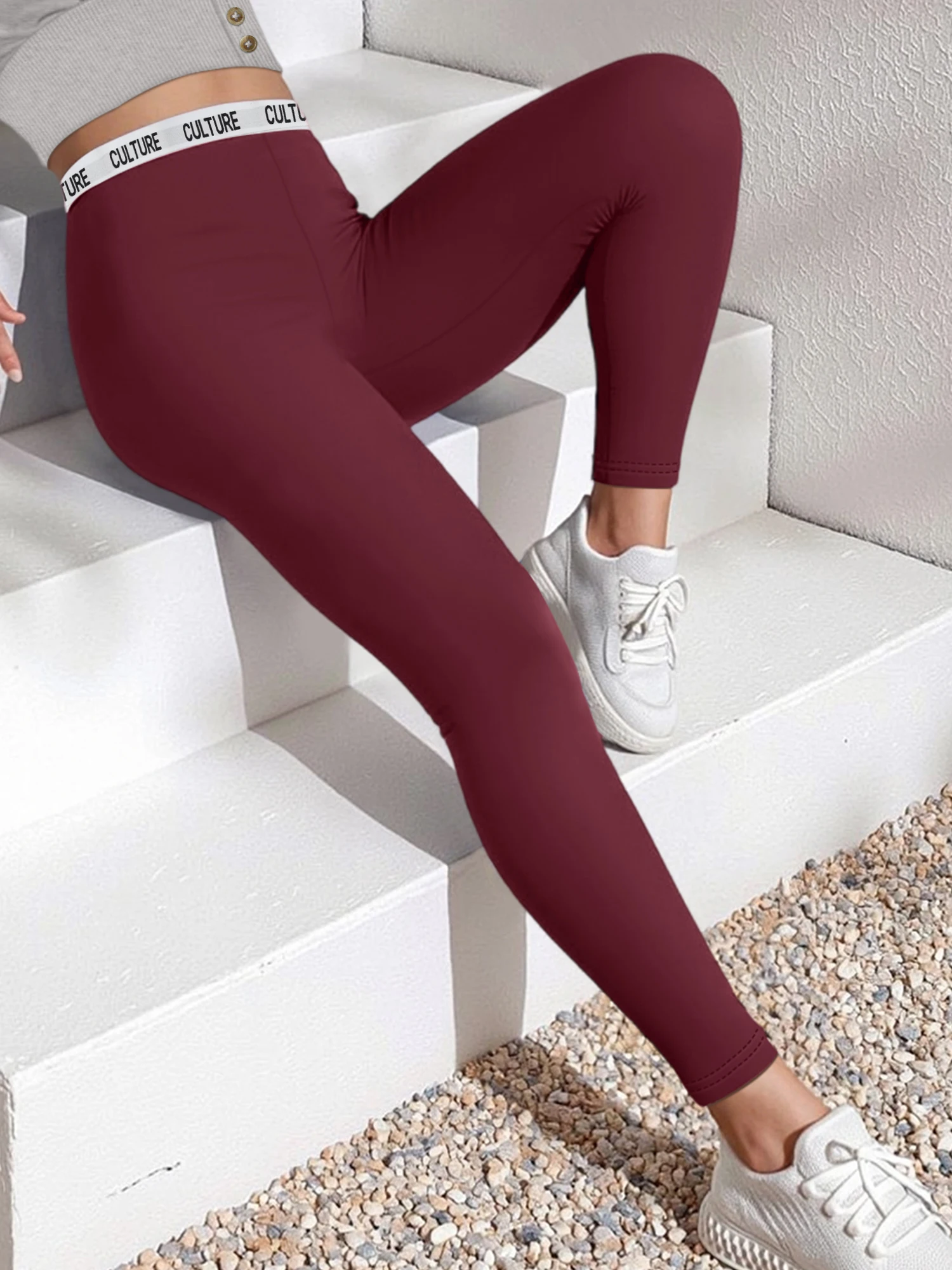 Ladies Letter Decor Waistband Yoga Leggings High Waist Tight‑fitting Fitness Pants Elastic Casual Gym Sports Trousers