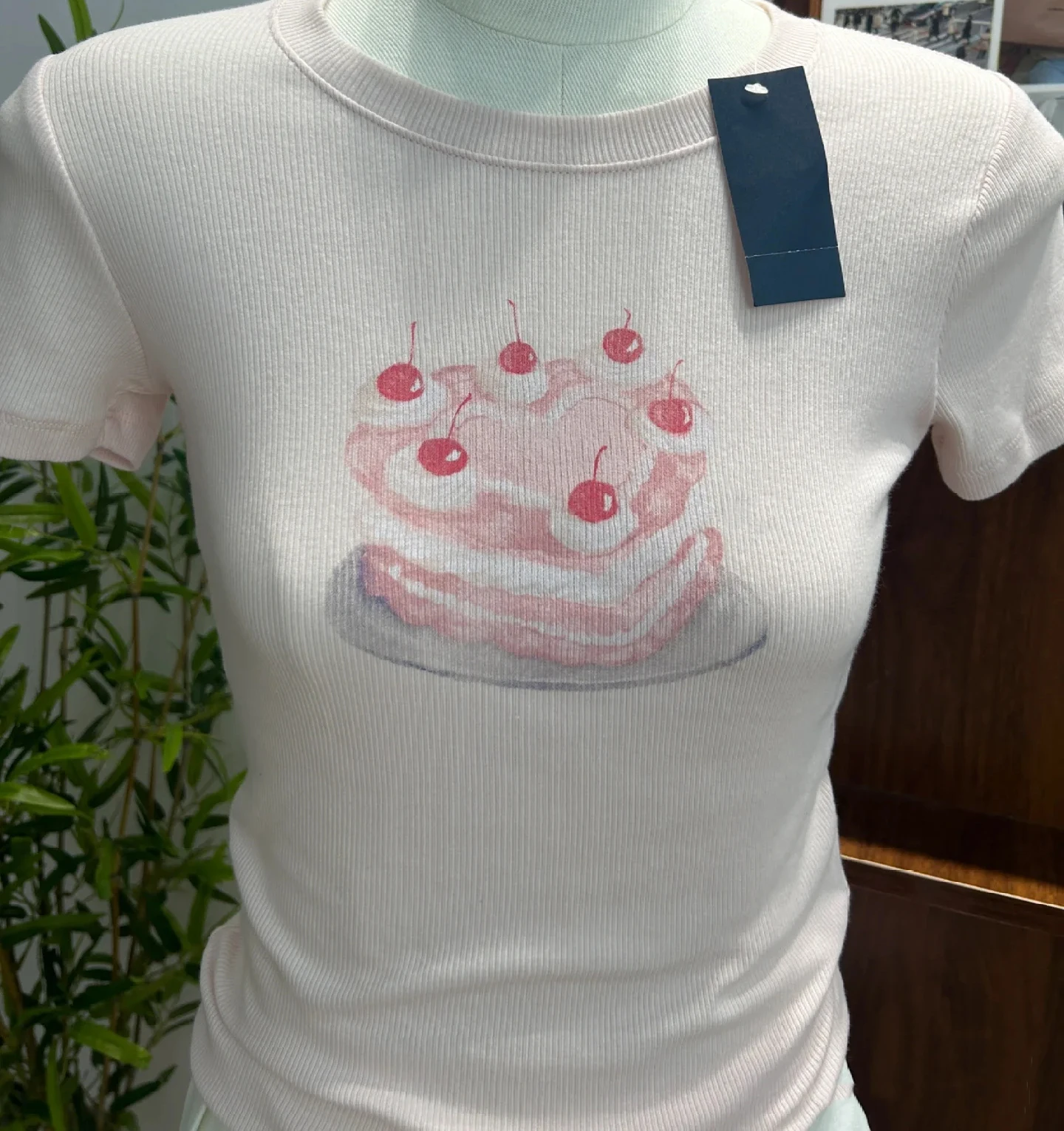 Cherry Cake Print Sweet Cute Summer T-shirts 2024 New Round Neck Ribbed Short Sleeve Tees Female Casual Tight Tshirt Tops Y2K