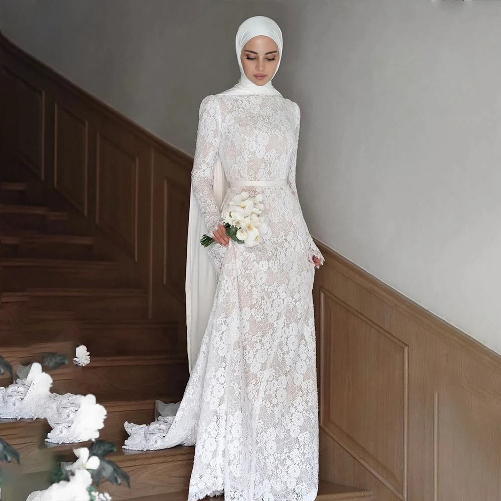 

Muslim Lace Wedding Dresses High Neck Long Sleeve Mermaid Brides Dress Sweep Train Elegant Bridal Gown Customized robe de mariée