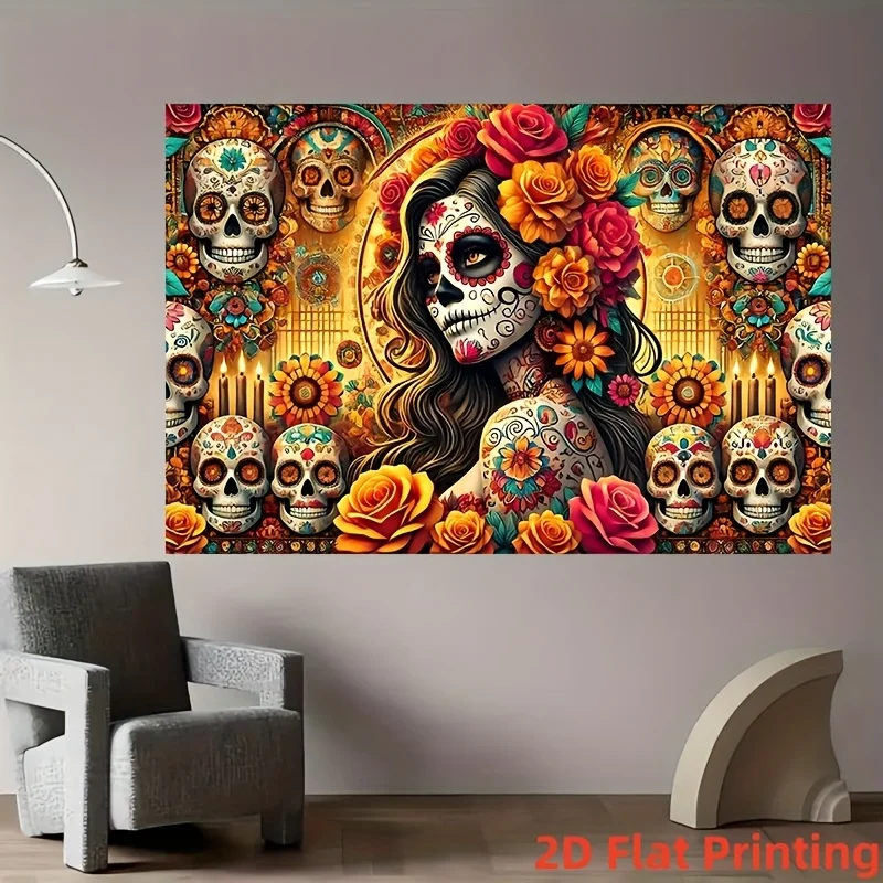 لافتة مسطحة ثنائية الأبعاد قطعة واحدة من لافتة خلفية فنية هيكل عظمي مكسيكية تقليدية - جدار من القماش الحيوي يغطي الزهور