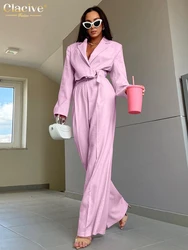 Clacive Fashion Loose Pink Linen 2 Piece Sets Women Outfit 2024 Elegant Long Sleeve Lace-Up Top With High Waist Wide Pants Set