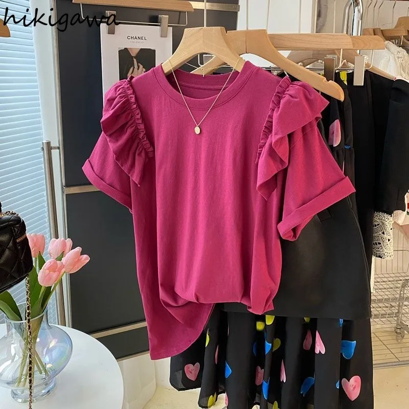 Cotton Tshirts Women 2024 Ropa Mujer Short Sleeve O-neck Ruffles Tees Fashion Solid Color Casual T Shirt Temperament Sweet Tops