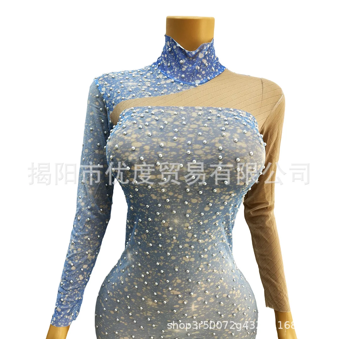 Wind Gradual Change Glam Perspective High-end Pearl Dress Cocktail Birthday Party Night Performance Dress Blue Sky robes longues