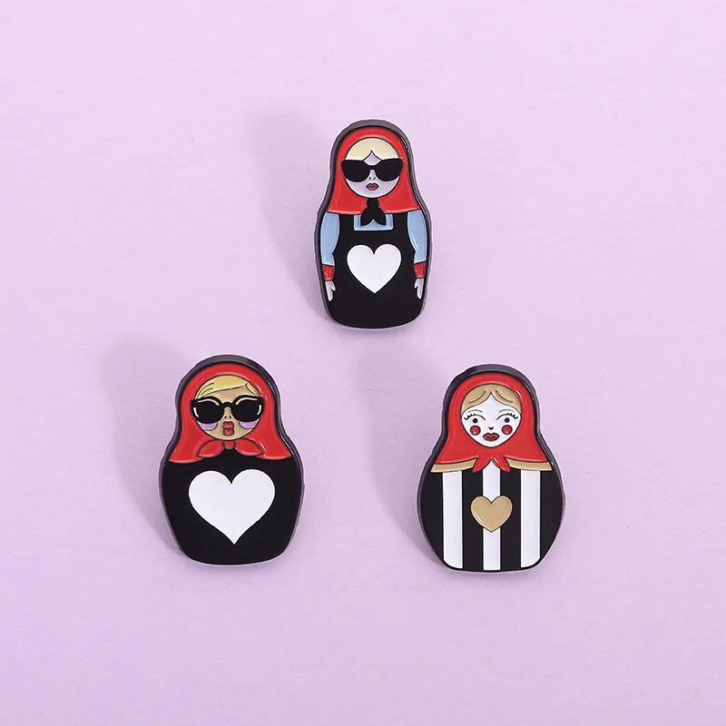 Cute Matryoshka Doll Enamel Pin Cool Sunglasses Striped Heart Russian Nesting Doll Brooch Backpack Decor Tourist Souvenir Gift
