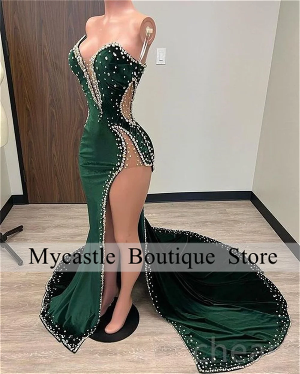 Green Velour Mermaid Prom Dress 2024 High Slit Party Dress Velvet Evening Gown Sexy Prom Gown Custom Size Robe de Soiree