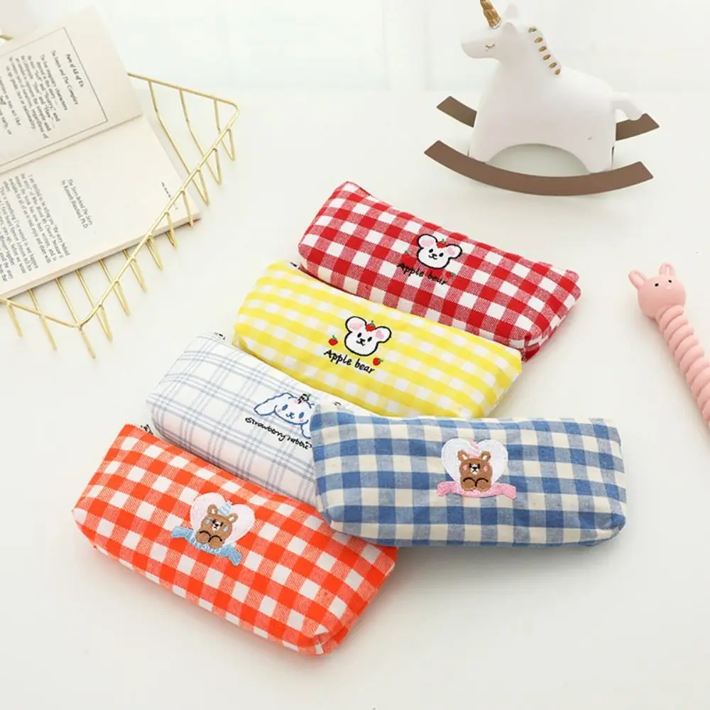 Cute Cartoon Embroidery Pen Bag Korean Ins Girl Heart Plaid Pencil Case Creative Salt Day System Stationery Storage Pouch Travel