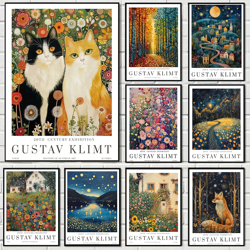 Gustav Klimt jardín gato y zorro lienzo impreso Luna y pueblo Museo Klimt pared arte cartel moderno sala de estar decoración del hogar regalos