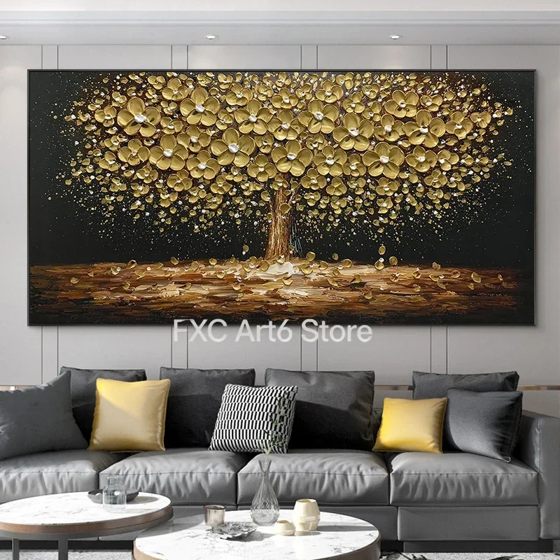 1PC frameless Abstract Leaves Oil Painting Print On Canvas Texture Golden and Silver Trees Wall Art Modern Home Decor Living Roo