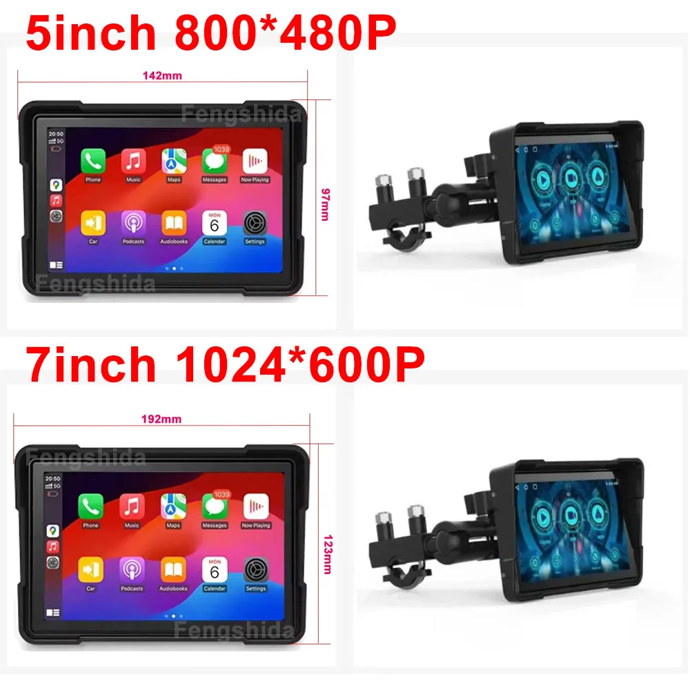 Monitor Portátil para Moto com Tela de 5/7 Polegadas, CarPlay, DVR, Navegação GPS, Wireless CarPlay, Android Auto, Airplay e IPX7