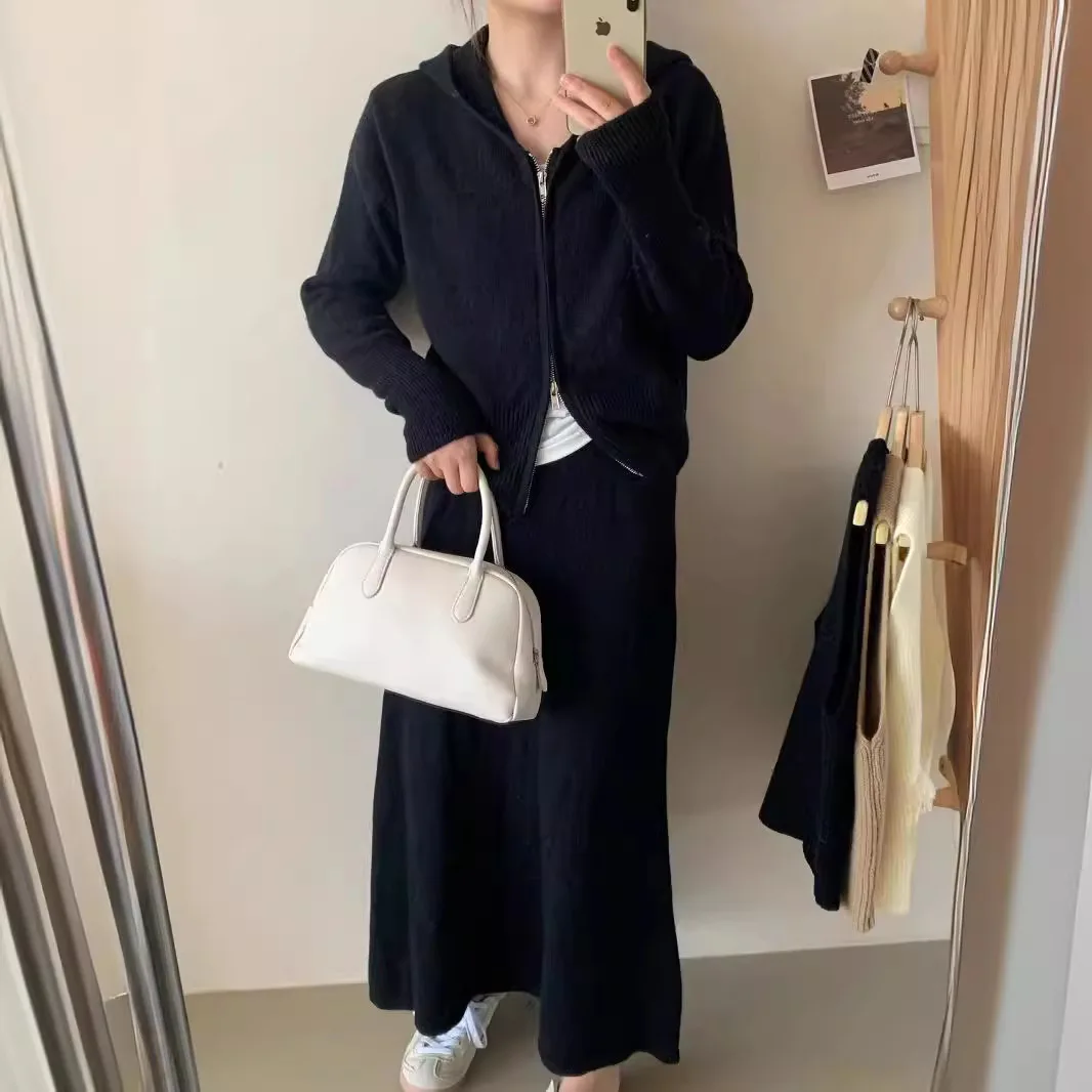 Women Sports Casual Knitted Suit Fall Winter Zipper Knit Cardigan Set Fashion Hooded Sweater Jacket Long Skirt 2pcs Matching Set