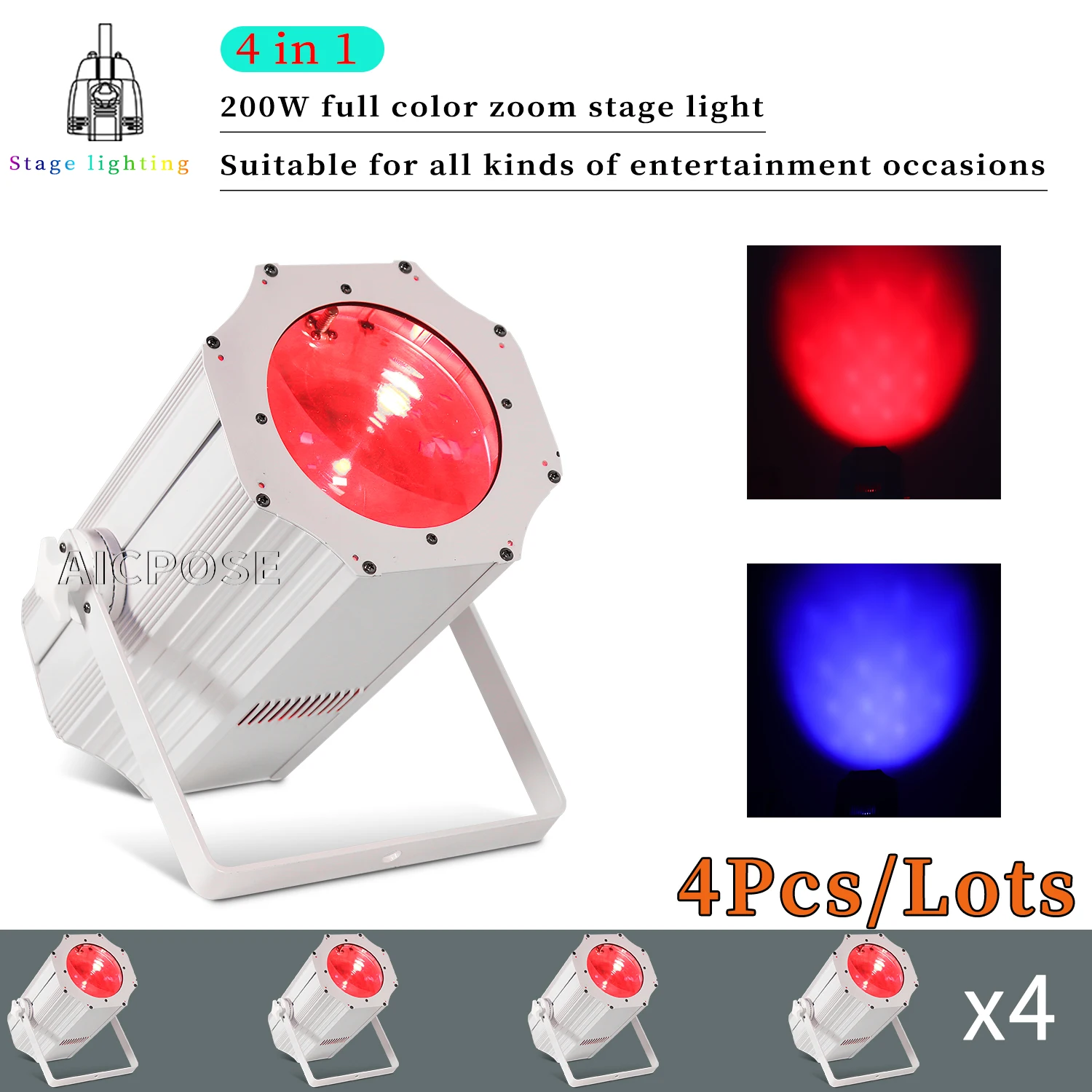 4Pcs/Lots White Stage Light 200W COB Audience Light RGBW 4 in 1 LED Par Light Stage Wedding Disco Equipment Remote Spotlight