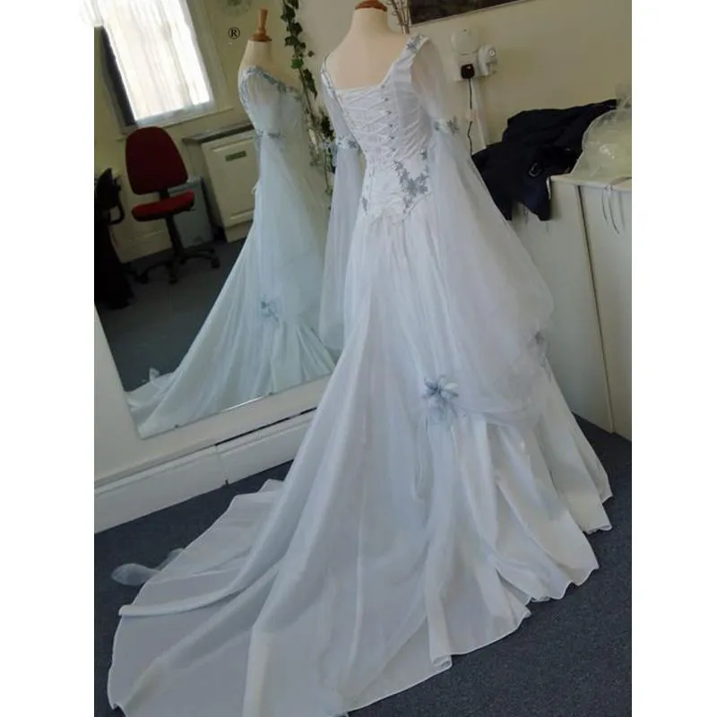 Celtic Gothic Chiffon Wedding Dresses Flower sky blue lace-up corset victorian Bridal Gowns Long Bell Sleeves customsized