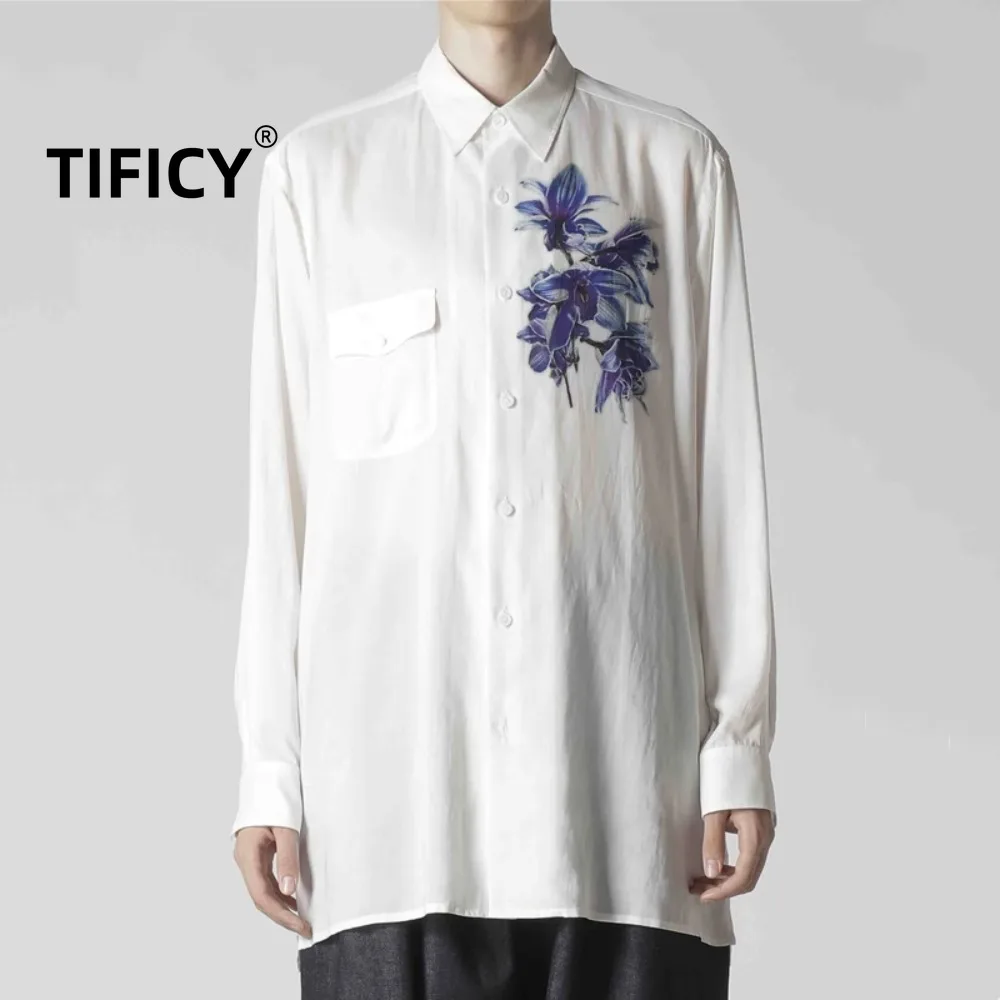 

High Street White Shirts Top 25ss Artistic Men's Thin Bamboo Fiber Drape Shirt Blue Floral High-end Print Loose Shirt Fit