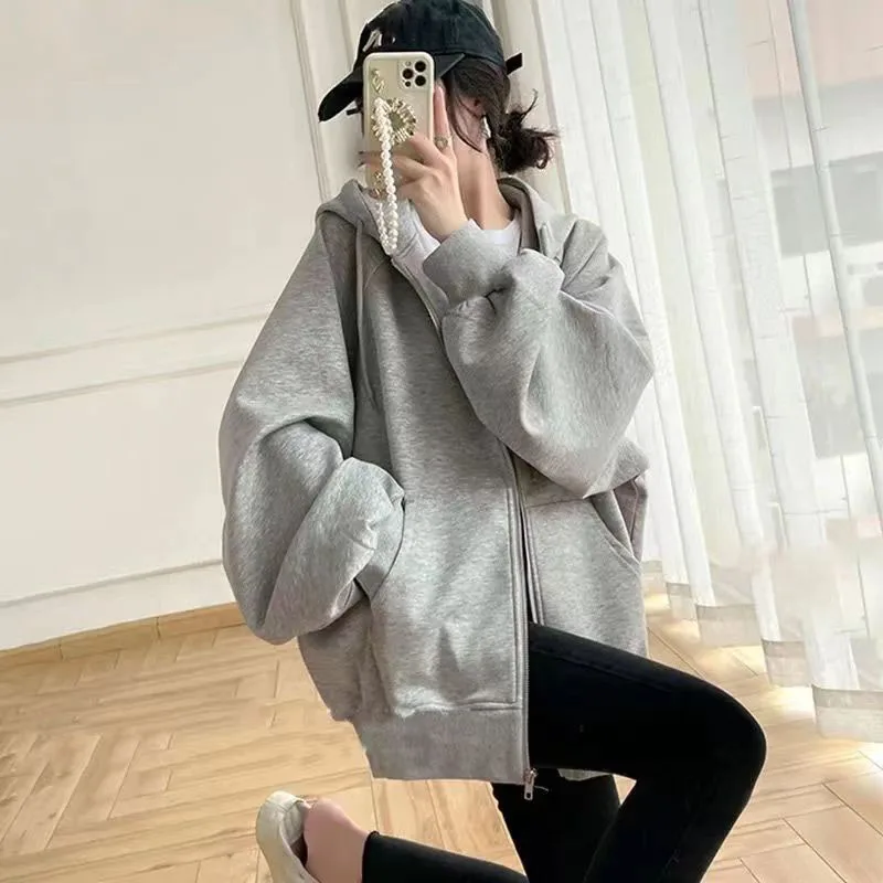 Casual Hooded Sweatshirt Female Thicken Fleece Warm Loose Coats Black Gray Zip-Up Hoodies Women Autumn Winter Oversized