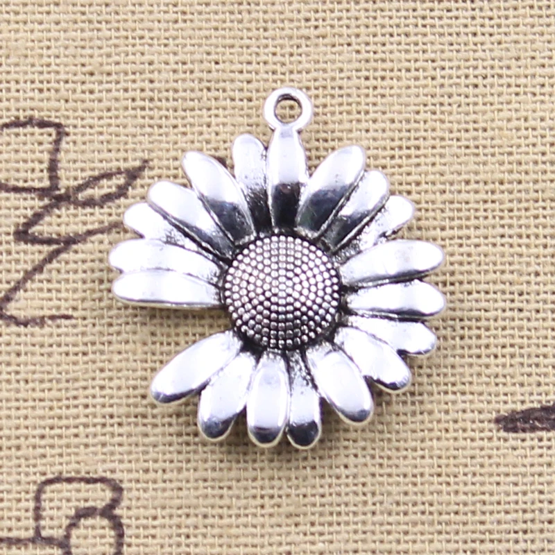 8 Uds dijes Margarita flor girasol 28x26mm colgantes de Color plata antigua manualidades DIY hallazgos joyería tibetana hecha a mano