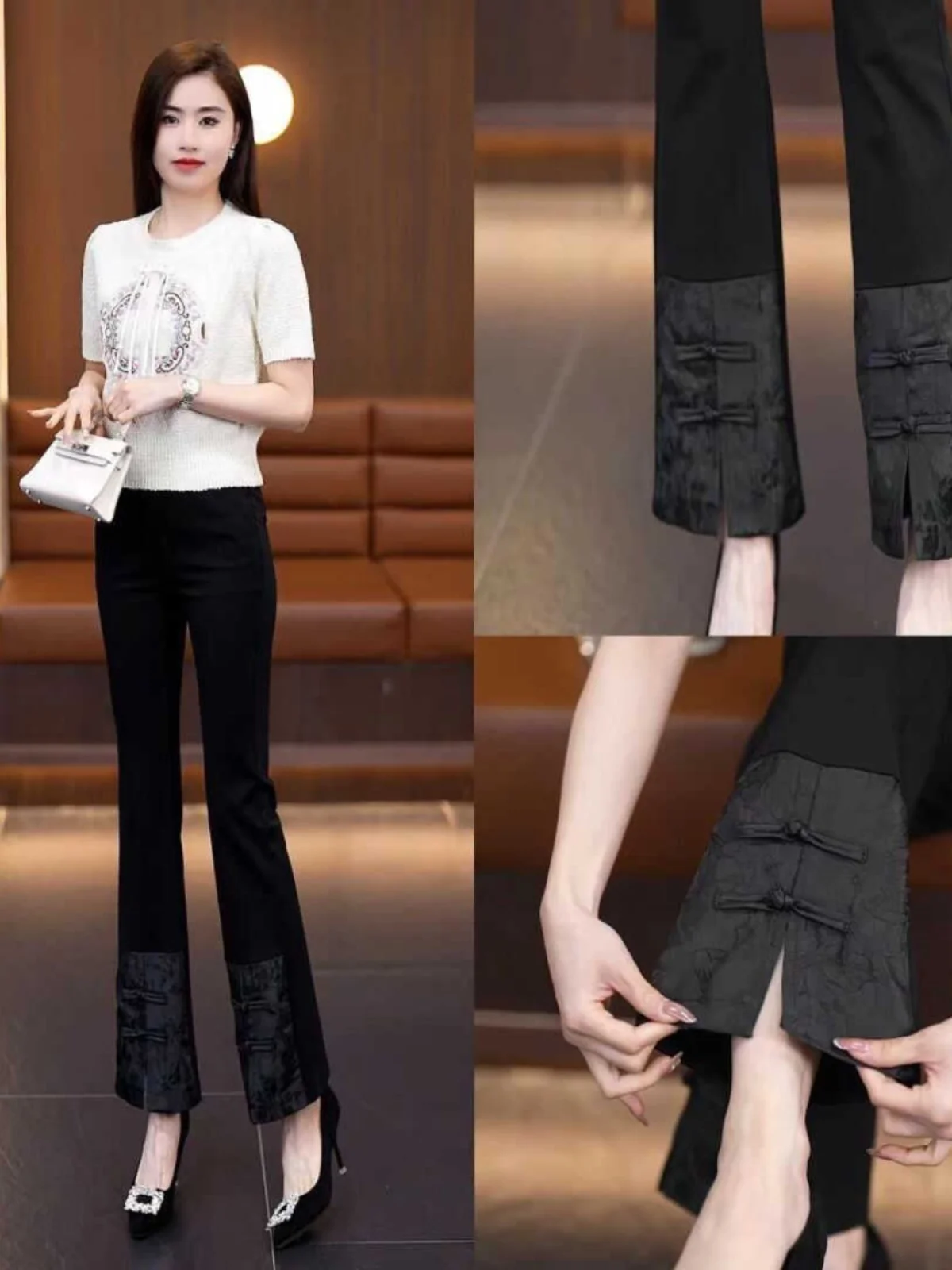 

Новые женские расклешенные брюки с вышивкой и высокой талией, повседневные, с разрезами, для весны, лета и осени, премиум-класса