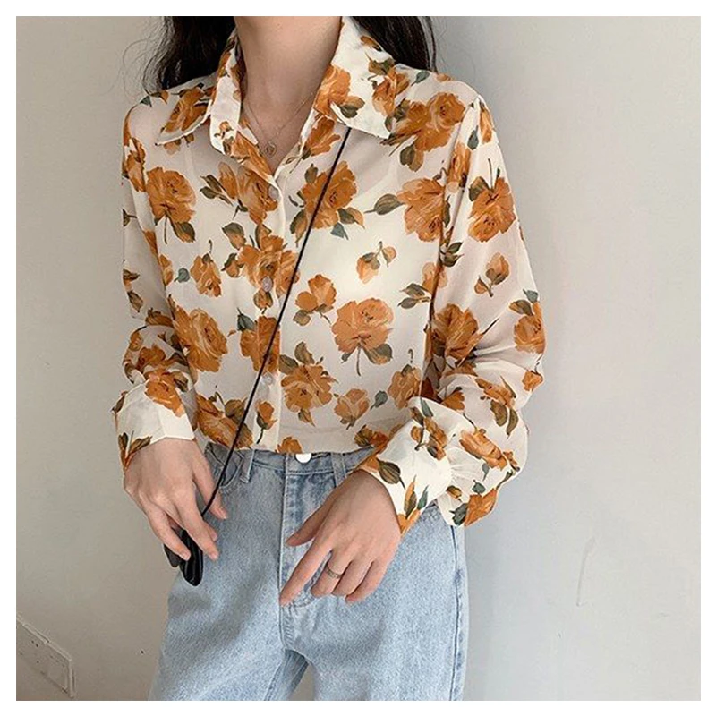 

Autumn Chiffon Blouse Women Shirts 2024 Retro Loose Top Casual Woman Long Sleeved Floral Shirts Turn-down Collar Blusas Femme