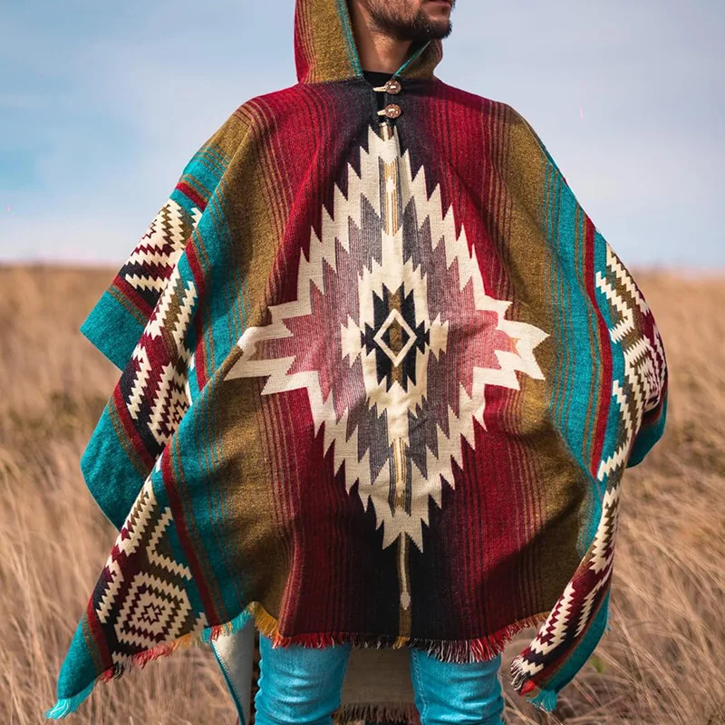 

Мужское шерстяное пальто-накидка в стиле ретро с этническим принтом, прямой подол, японский винтажный стиль, зимняя модная коллекция