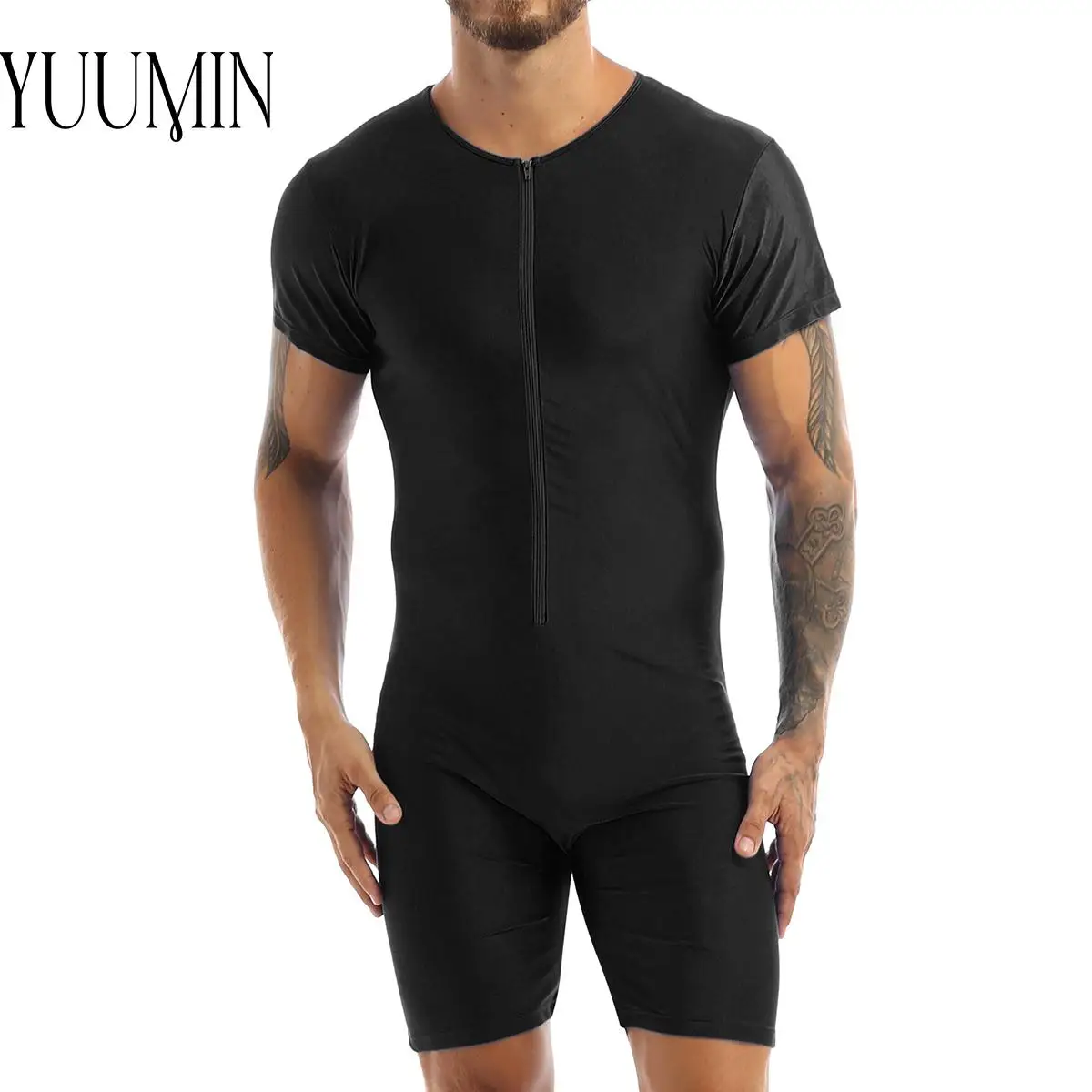 

Mens One Piece Athletic Swimsuit Short Sleeve Zipper Surfing Rash Guard Short Wetsuit Swimwear Pool Party Bathing Suit Beachwear