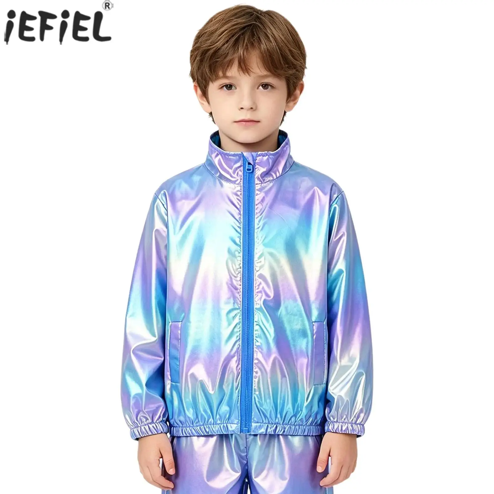 Kids Boys Girls Metallic Jacket Long Sleeve Zipper Shiny Coat Outerwear with Pockets for Jazz Hip Hop Dance Casual Streetwear