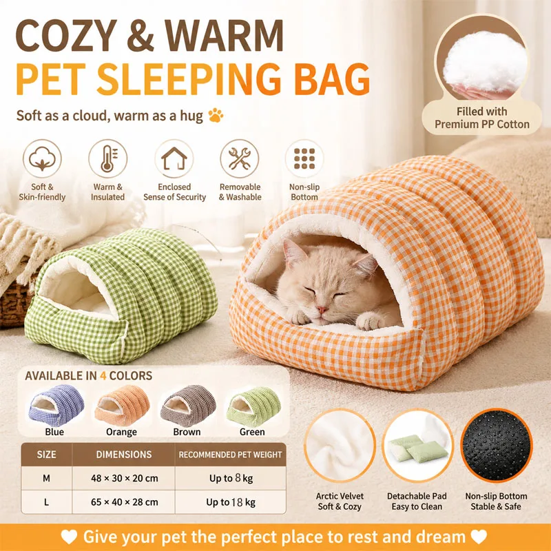 Winter Cat Dog House Closed Security Warm Plus Velvet Cold Cat Sleep Wrapped Pet Detachable Plaid Cover Small Pet Nest Cat