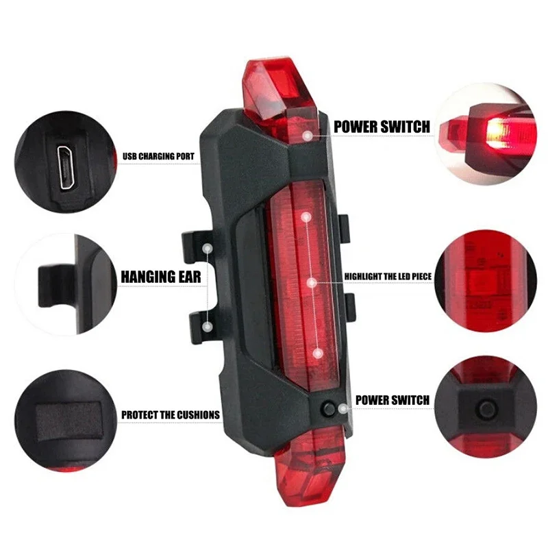 USB recarregável LED bicicleta luz traseira, lâmpada de advertência de segurança impermeável, bicicleta piscando acessórios, equitação noturna, ciclismo taillight