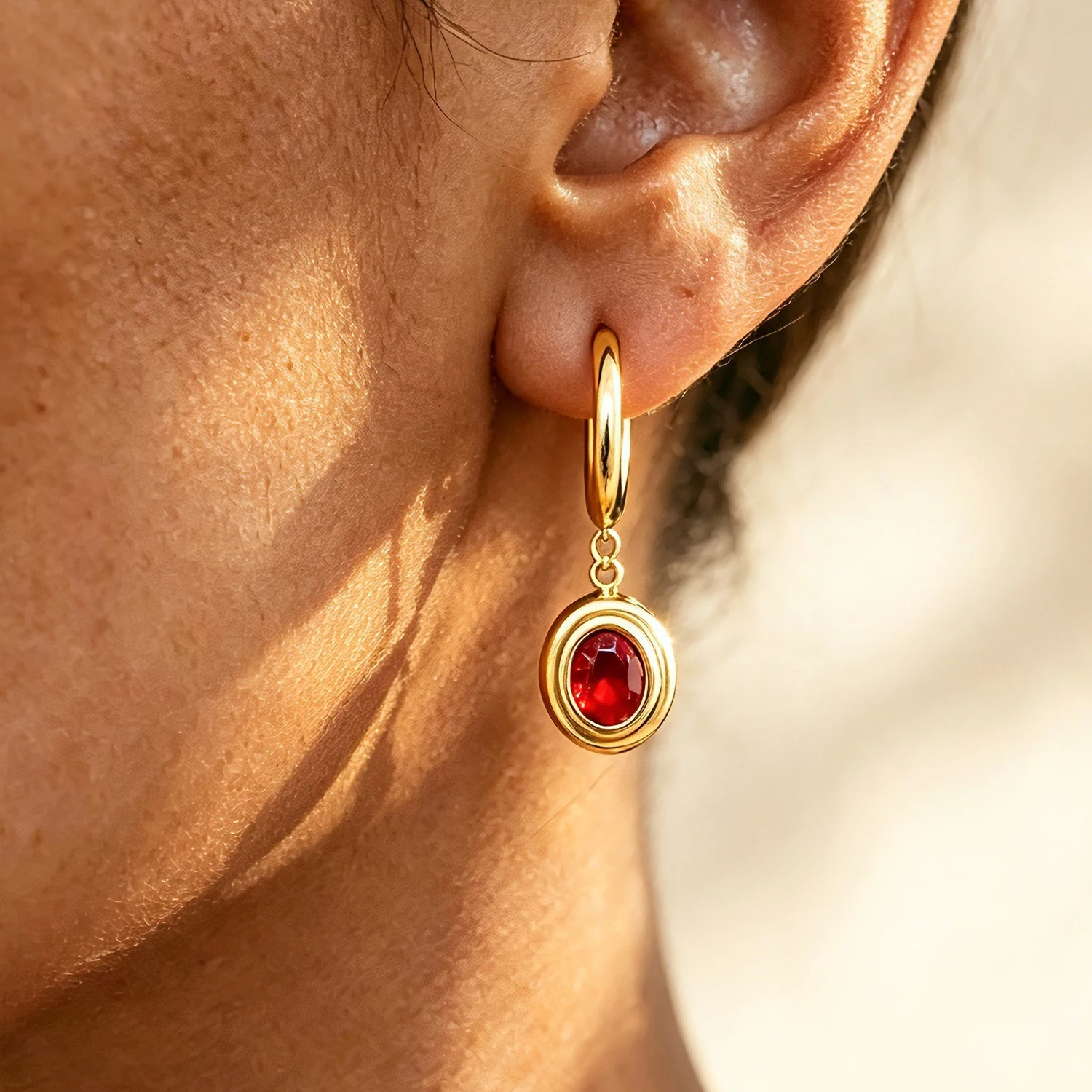 Vintage Palace Style Oval Red CZ Dangle Huggie Hoop Earrings Stainless Steel Gold Plated Elegant Retro Drop Earrings For Women