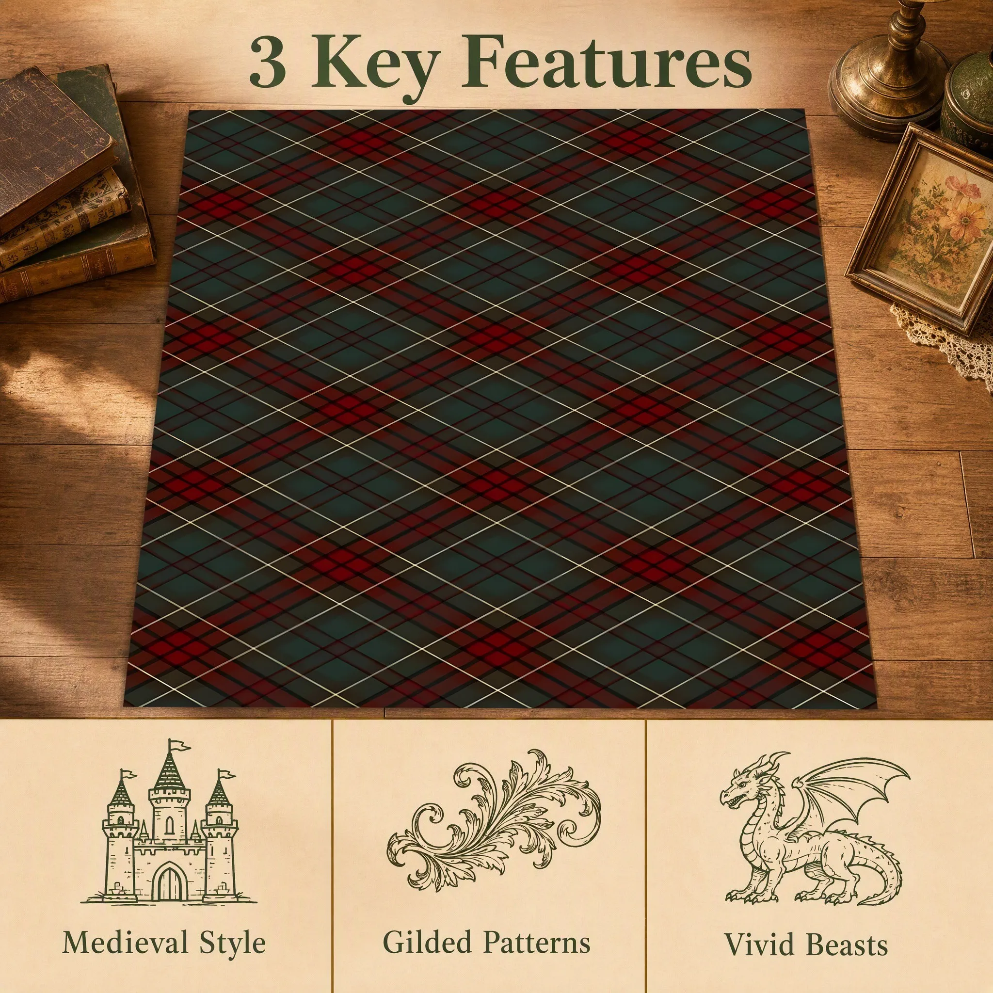 Retro Red and Green Diamond-Patterned British-Style Christmas Velvet Rug, Suitable for Living Room, Bedroom, and Entryway, Creating a Warm and Inviting Atmosphere for Autumn and Winter