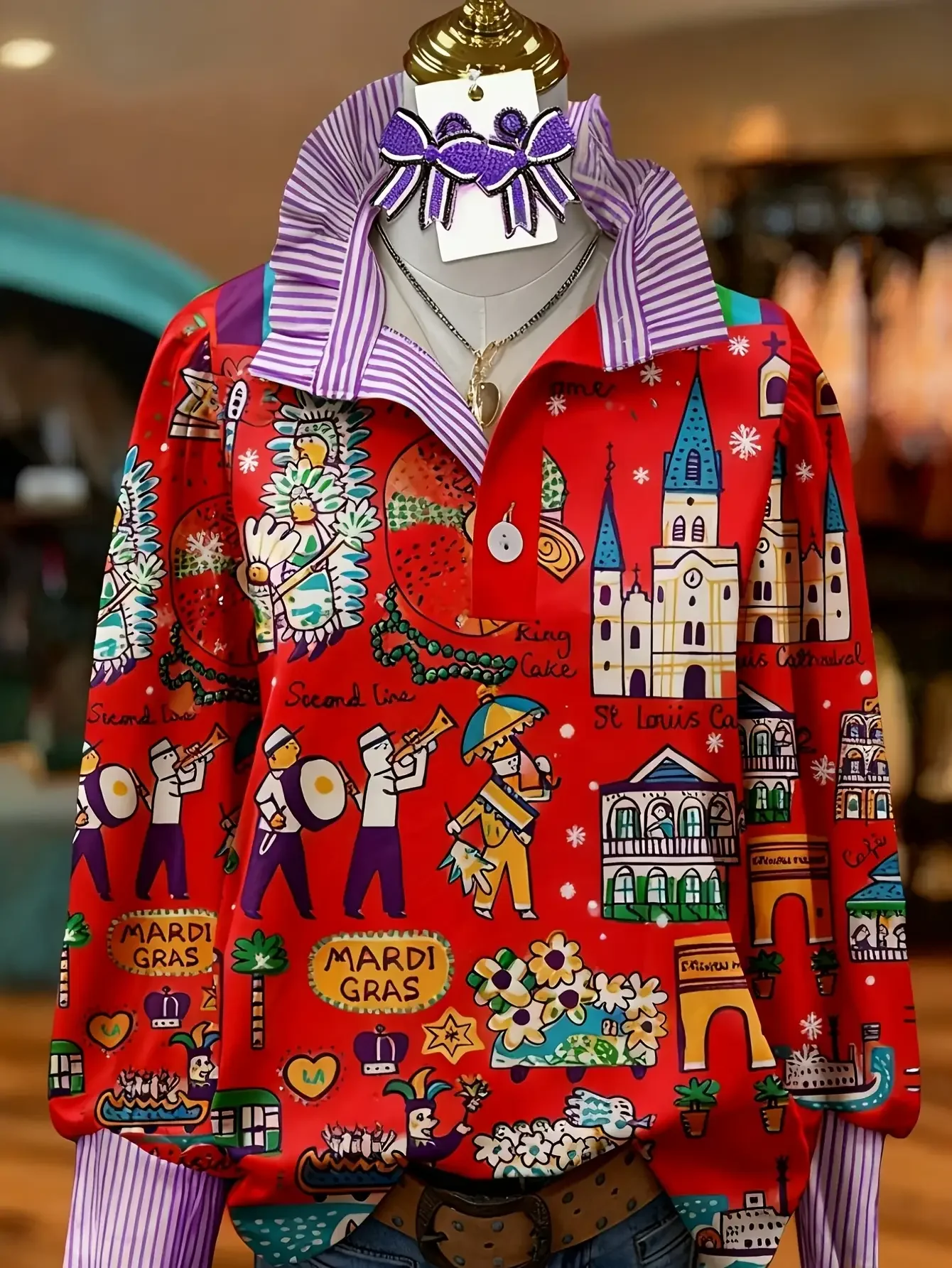 

2026Women's striped fashionable shirt with multi-color striped collar and half button shirt pattern, Multi functional shirt