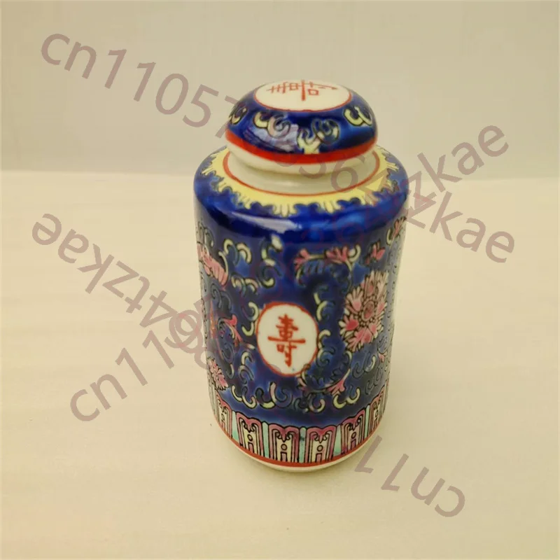 

Chinese old porcelain Pink Blue background pattern tea canister Storage lid jar Antique Decorative collectibles