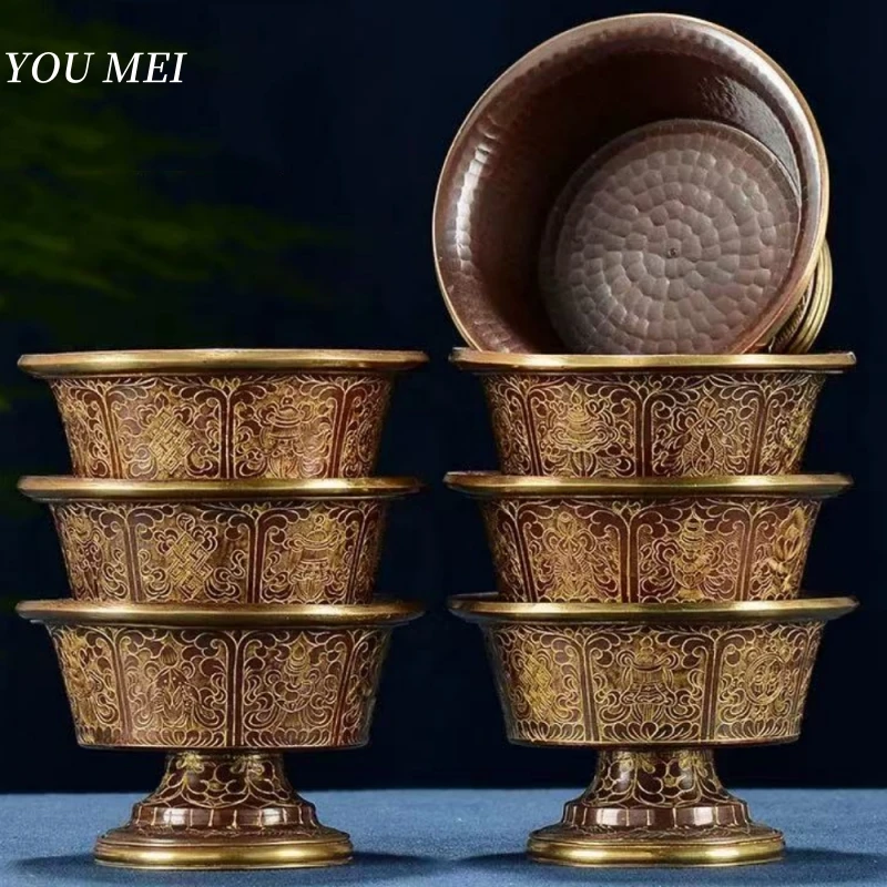 Cuenco de altares de Nepal, cuenco de bronce antiguo con textura auspiciosa grabada de ocho, artículo budista de copa sagrada tibetana de gran tamaño