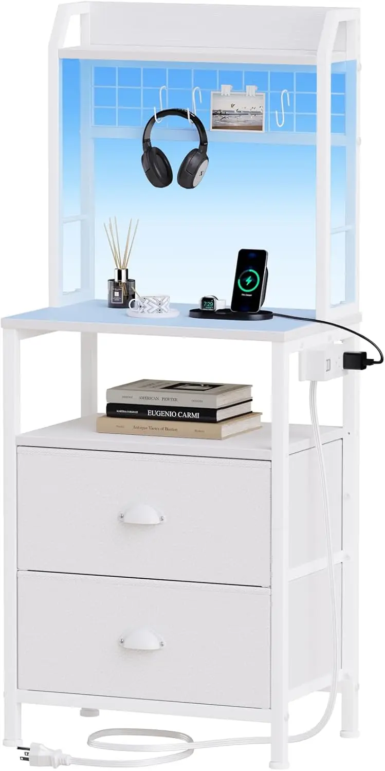 Tall Nightstand with Charging Station & LED Lights, 41'' Bedside Table with 2 Drawers & Pegboard, White Night Stand with Hooks