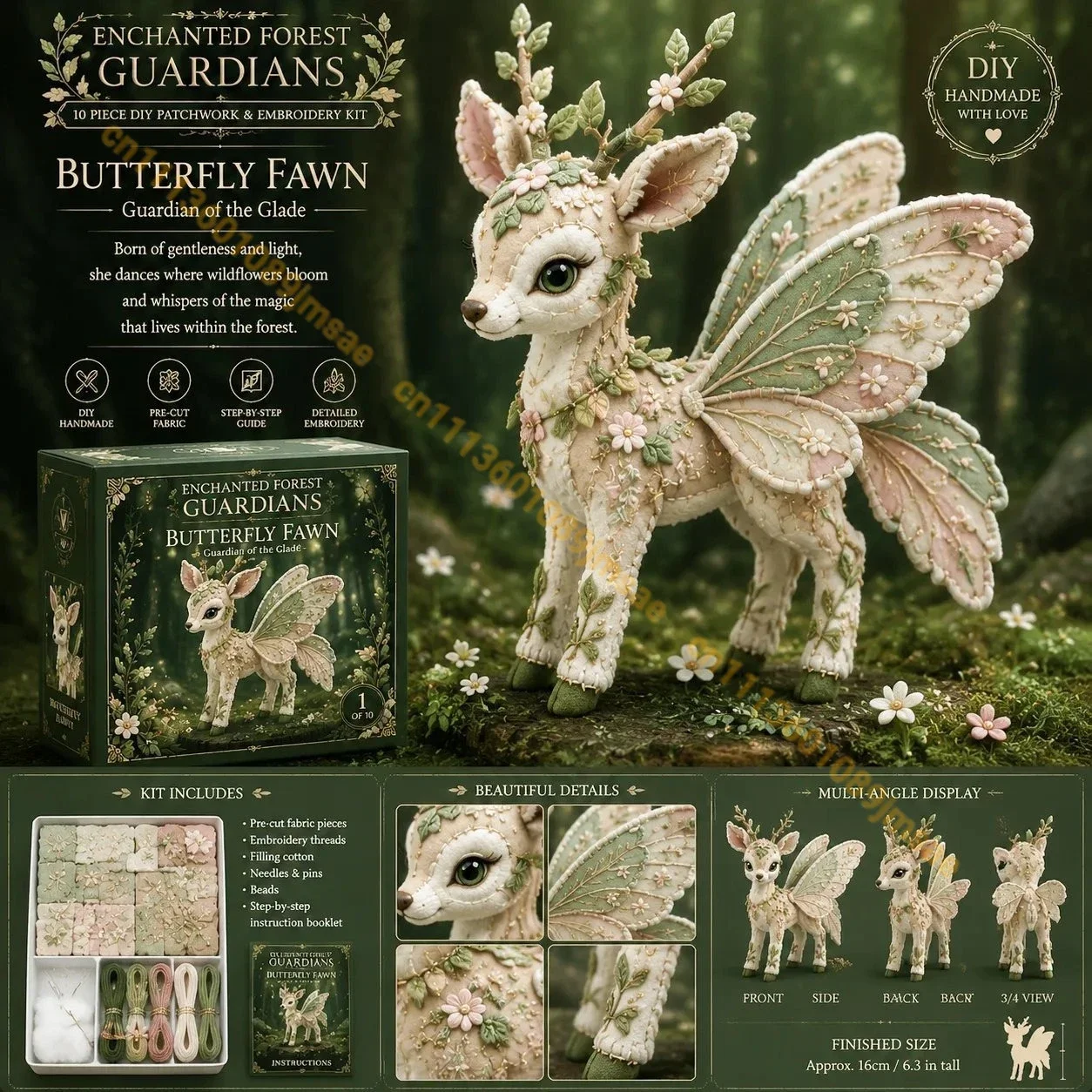Kit de patchwork Cerf Gardien de la Forêt Fantastique, Ensemble de couture DIY Fawn ailé de papillon avec tissus et guide, Artisanat fait main enchanté