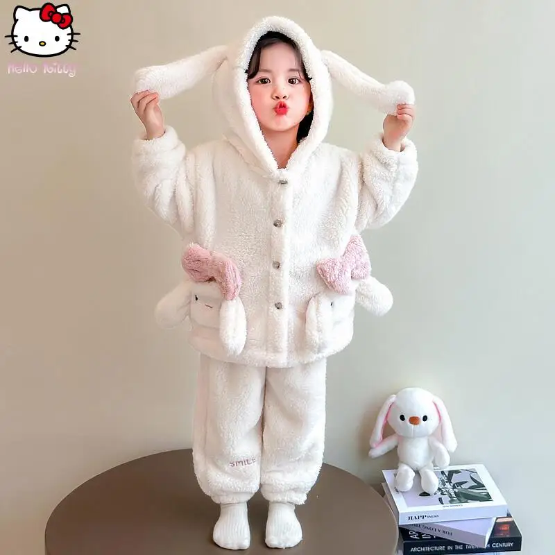 

Зимнее детское теплое пальто с героями мультфильмов Cinnamoroll, комплект Sanrio Kawaii, утепленная ночная рубашка с капюшоном для девочек, модные милые мягкие детские топы