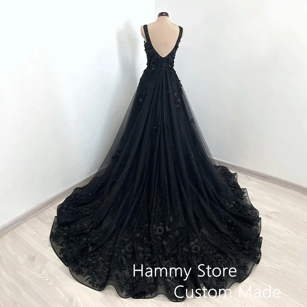 Exquisite Shinny Black Wedding Dresses for Bride Sexy V Neck Sleeveless Open Back 3D Flowers A Line Sweep Train Bridal Gowns