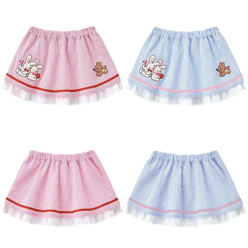 

Striped Short Skirt New Summer Style for Girls with Cute Cartoon Embroidered Little Rabbit Pleated Skirt
