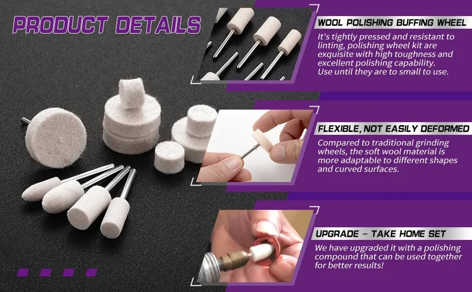 80-teiliges Wollfilz-Polierscheiben-Set mit 1/8'' (3,175mm) Schaft für Rotationswerkzeuge zum Polieren von Metall, Schmuck, Holz, Kunststoff und Harz – Detail 4