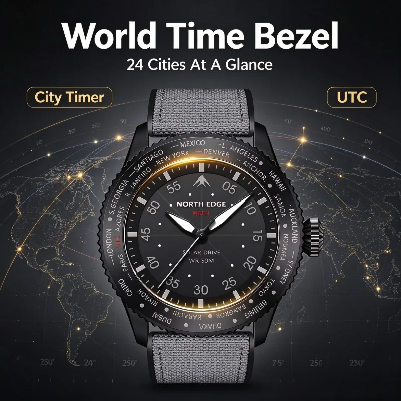NORTH EDGE MACH Men Pilot Solar Quartz Watch World Time Bezel 50M Waterproof Luminous Sports Wristwatch Reloj Hombre
