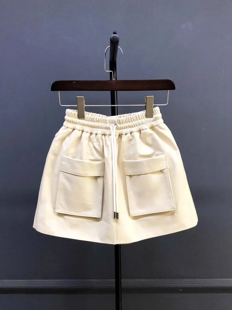 Novo outono natural pele de carneiro cintura elástica shorts saias a linha bolso perna larga casual acima do joelho mini saia de couro genuíno 4xl